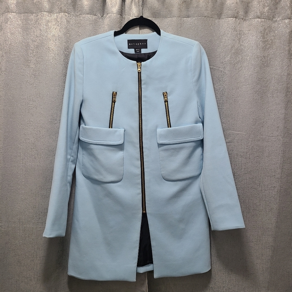 Metaphor light blue collarless long coat zipper pockets SMALL